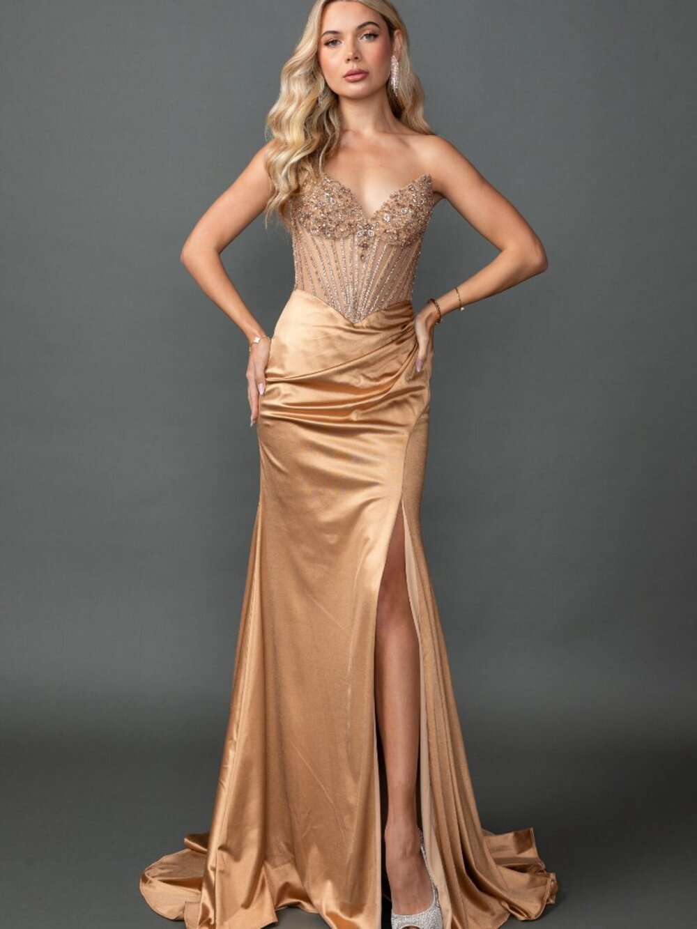 NEW GOLD Satin & Beaded Sweetheart Prom Gown Floor Length With Slit 4575